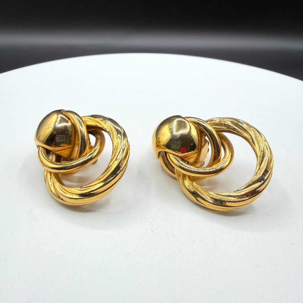 Gold Tone Chunky Interlocking Door Knocker Clip On Earrings Statement Jewelry